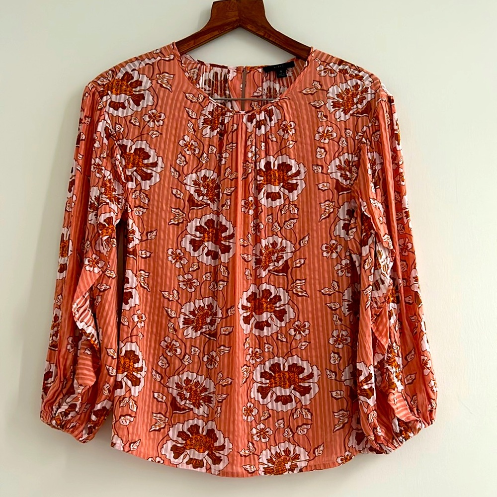 J. Crew Pink White Ruffle Long Sleeved Top In Climbing Floral
